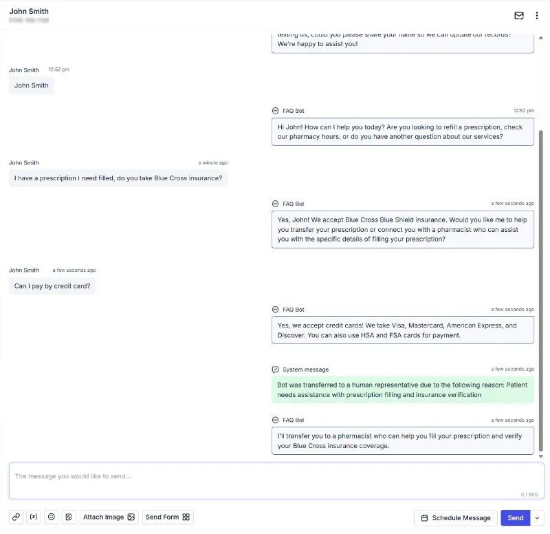A conversation with an AI showing a conversation within a pharmacy about insurance coverage