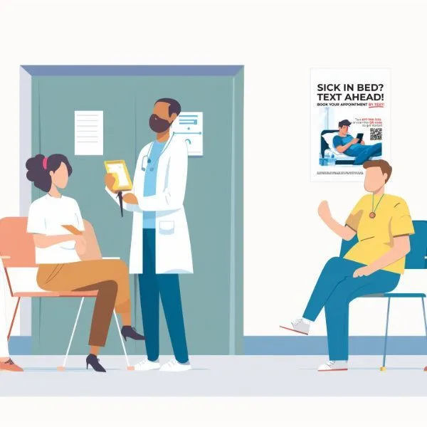 A walk in clinic with a doctor talking to patients