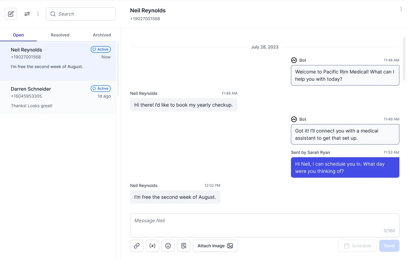 A Conversation with a contact showing scripts and scheduled messages