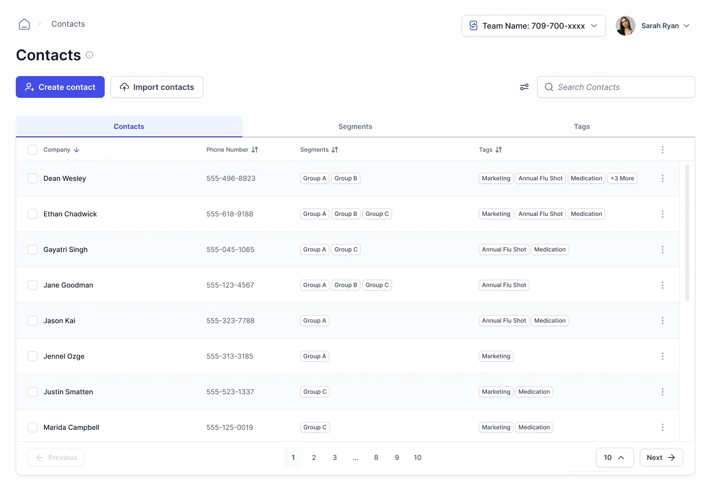 Contacts Dashboard showing tags and segments