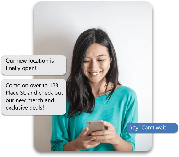a women texting on the phone about a new location opening