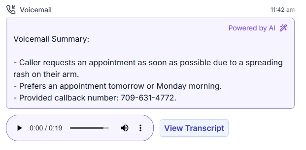 a ai voicemail summary showing patient requesting a callback about a rash on their arm