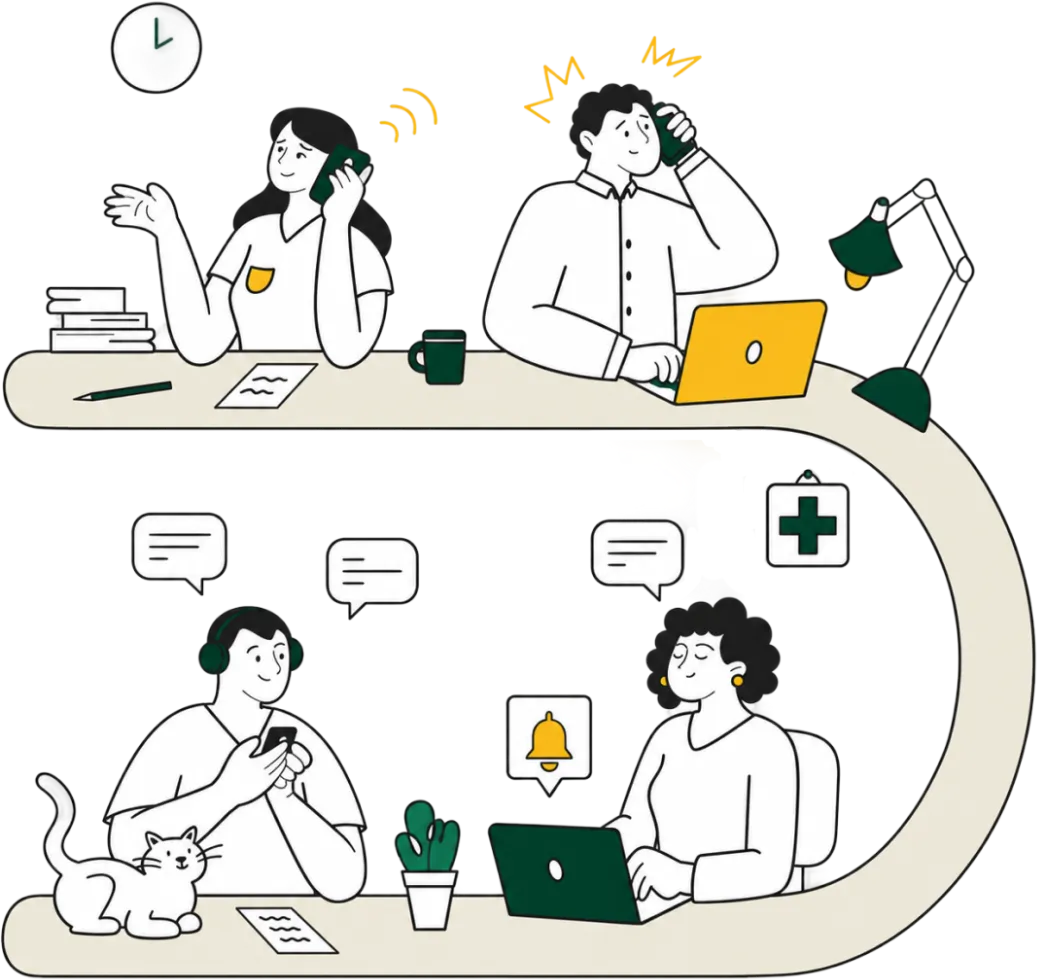 Clinic staff coordinating patient phone calls and text messages