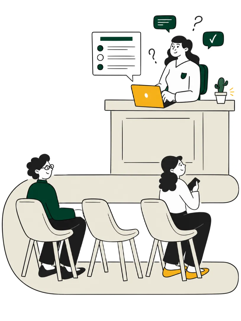Patients waiting while clinic staff coordinate check-in and messaging