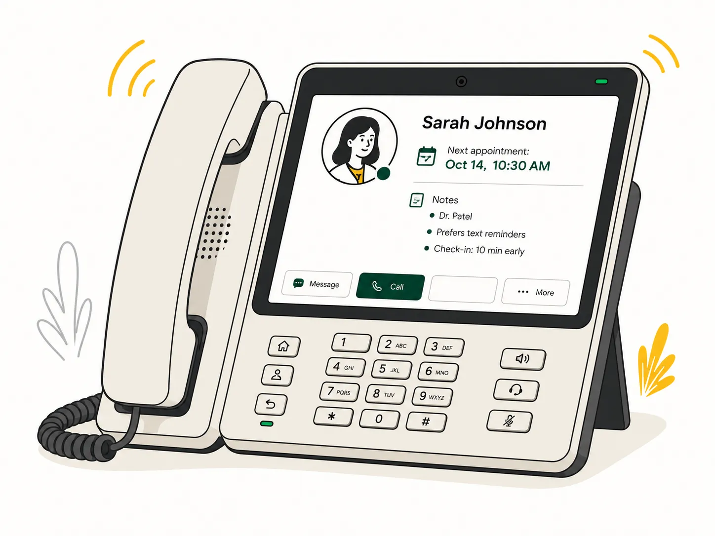 Connected desk phone showing patient details, an upcoming appointment, messaging, and calling controls