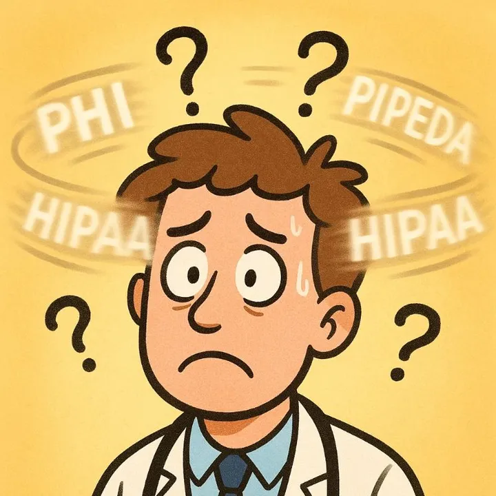 a confused doctor with healthcare terms floating around his head