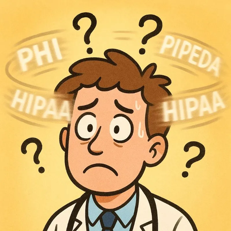 a confused doctor with healthcare terms floating around his head
