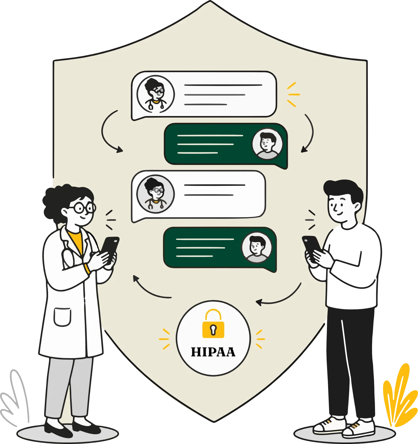 Doctor and patient exchanging secure HIPAA-compliant messages