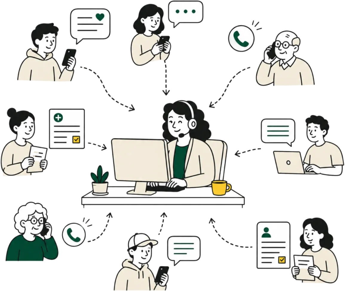 A healthcare team coordinating patient updates, forms, calls, and messages