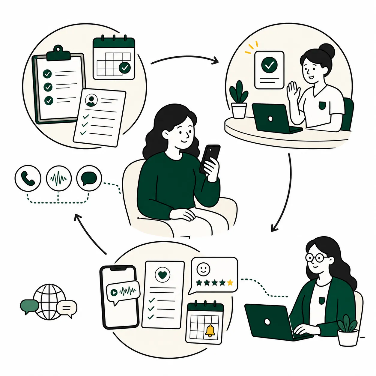 Patient connected with preparation, appointment, and follow-up steps while outpatient staff coordinate the journey
