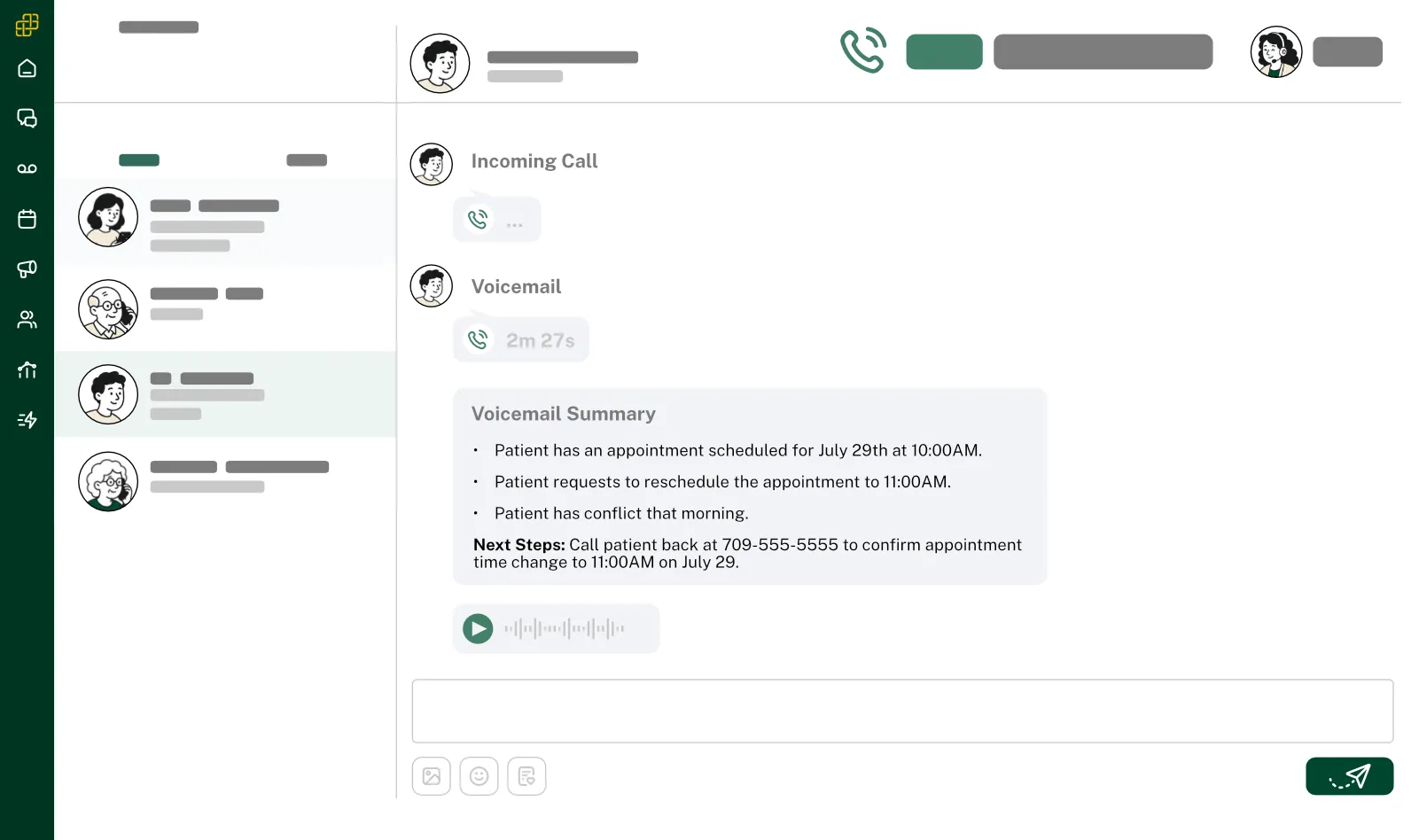 Carrick conversation view showing an incoming call, voicemail, AI-generated voicemail summary, and next steps