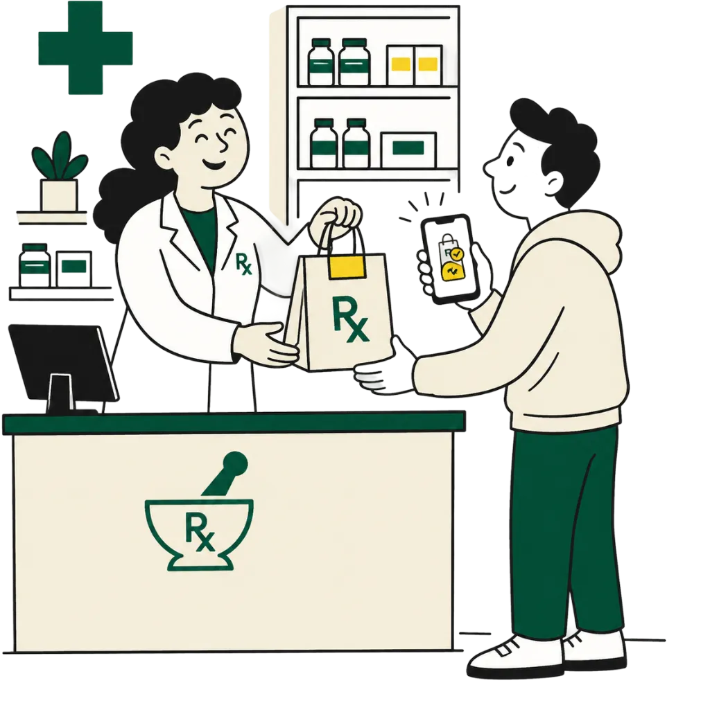 Pharmacist handing a ready prescription to a patient while calls, voicemail, and messages connect in one view
