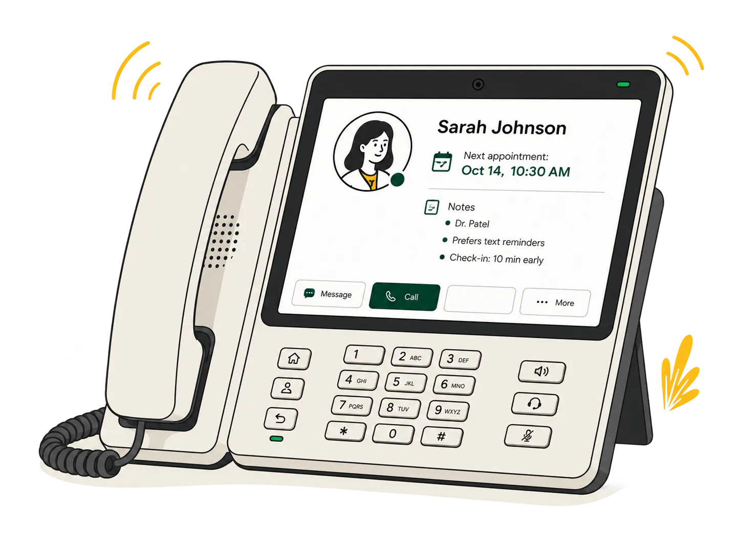 Connected desk phone showing patient details, appointment information, messaging, and calling controls