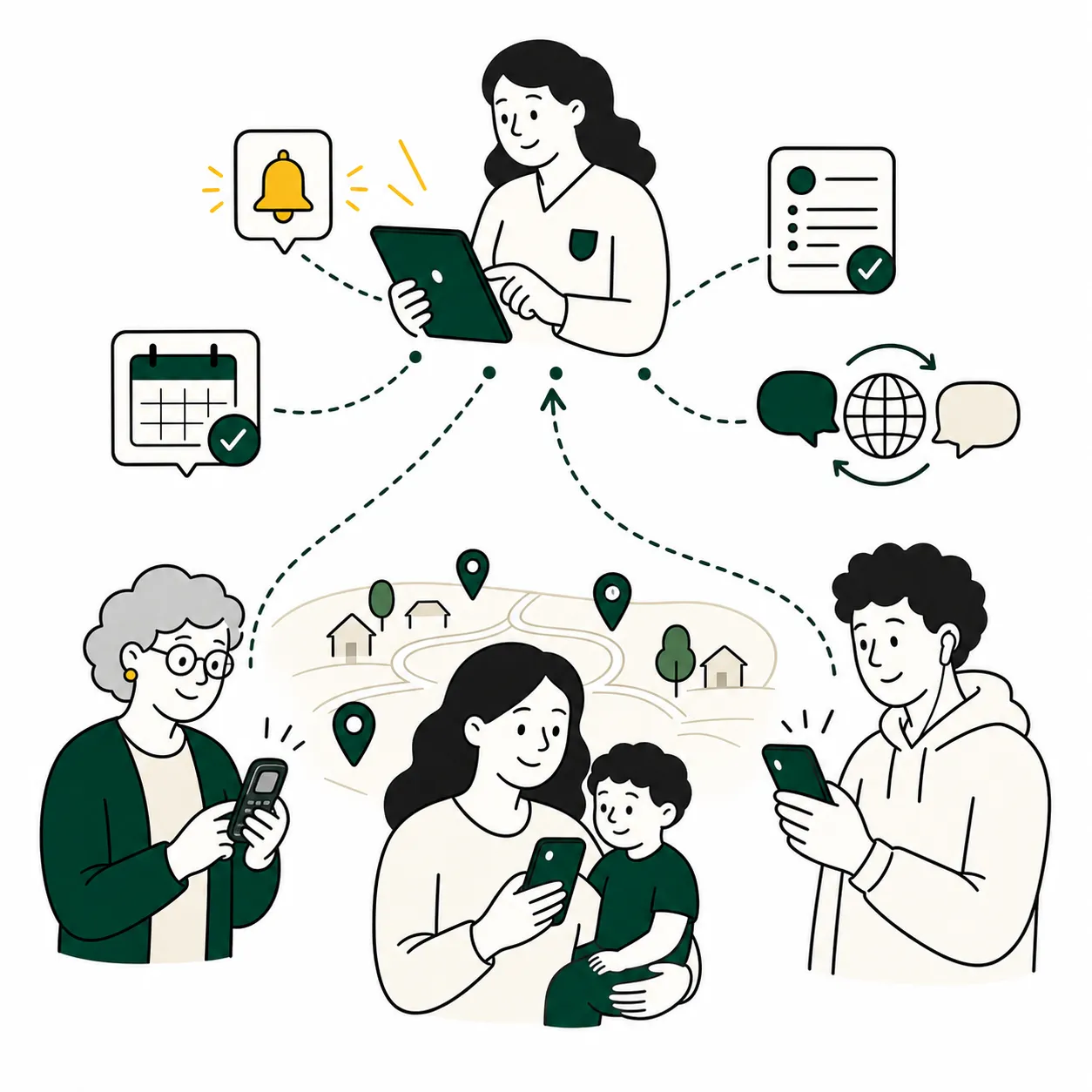 Public health coordinator connecting multilingual reminders, forms, and updates with community members on their phones