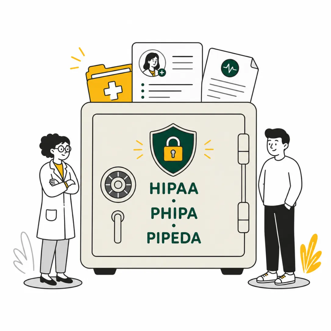 Illustration of a locked safe labelled HIPAA, PHIPA, and PIPEDA holding patient records